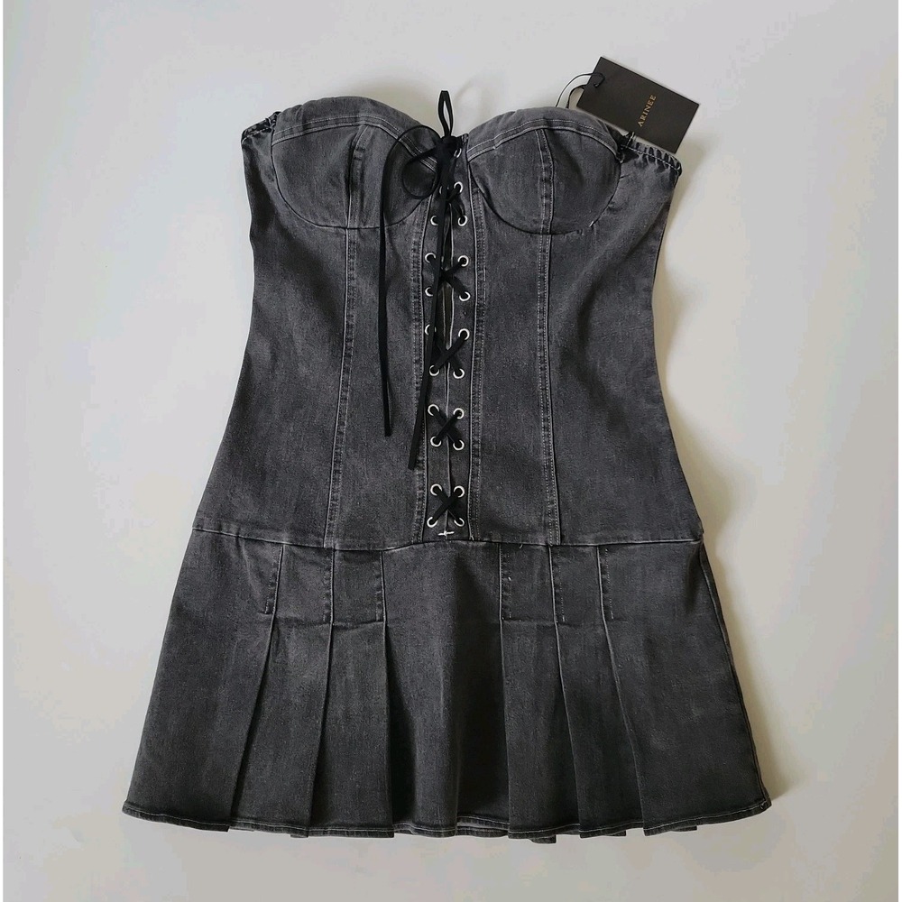 Strapless Denim Mini Tube Dress Medium Black Box Pleat Hem Coquette Edgy Grunge